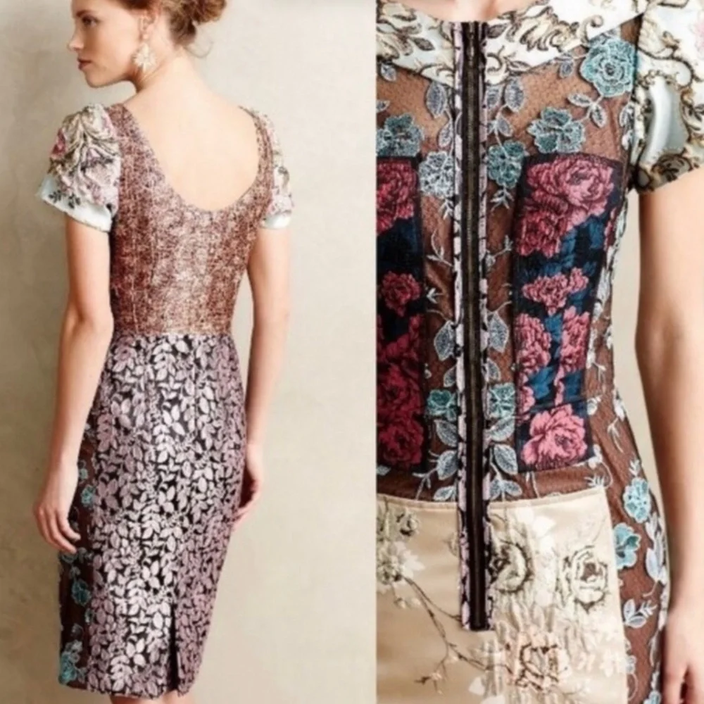 Anthropologie Byron Lars “Beguile” Pieced Brocade Dress Embroidered Floral Sz 2P - Picture 4 of 16